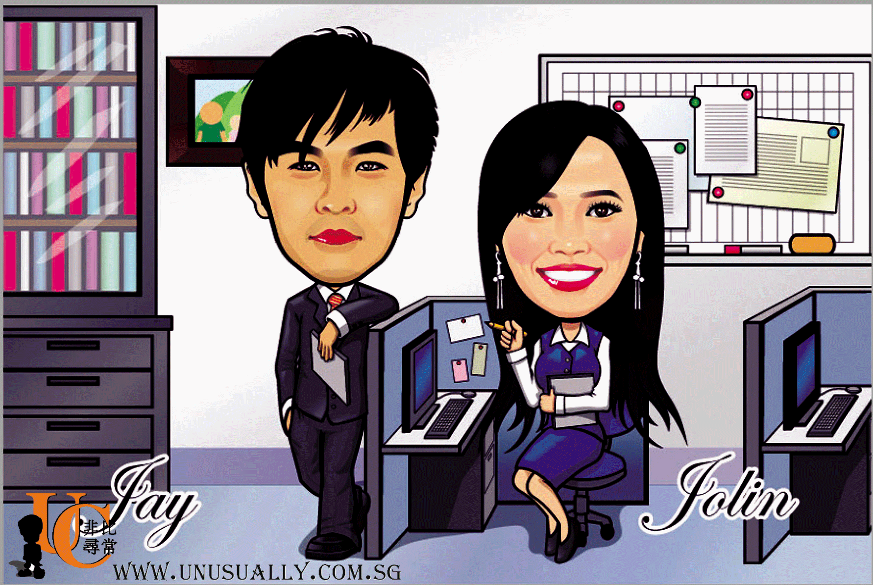 Personalized Office Couple Theme Caricature Drawing